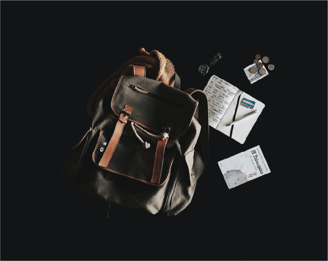 a bag with notebook and watch